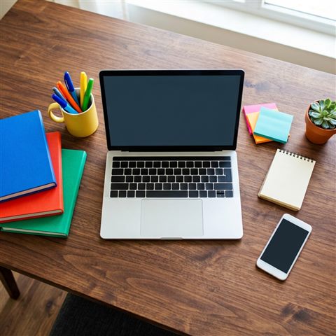 Photorealistic photo of laptop on a desk, high-angle view from above, vivid colors, high contrast, energetic, 1:1 aspect ratio
