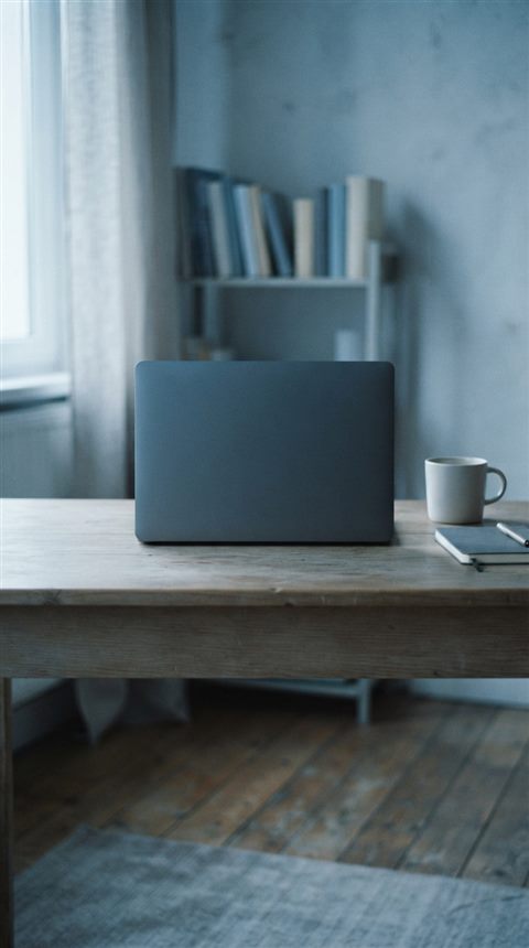 Cinematic film still of laptop on a desk, centered subject with a simple uncluttered composition, cool blue tones, quiet atmosphere, 9:16 aspect ratio