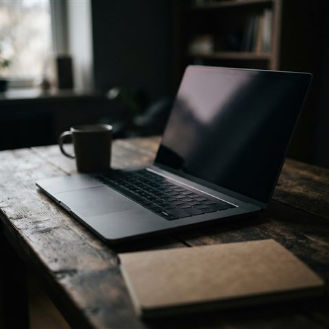 Photorealistic photo of laptop on a desk, close-up detail with shallow depth of field, moody dark tones, dramatic lighting, 1:1 aspect ratio