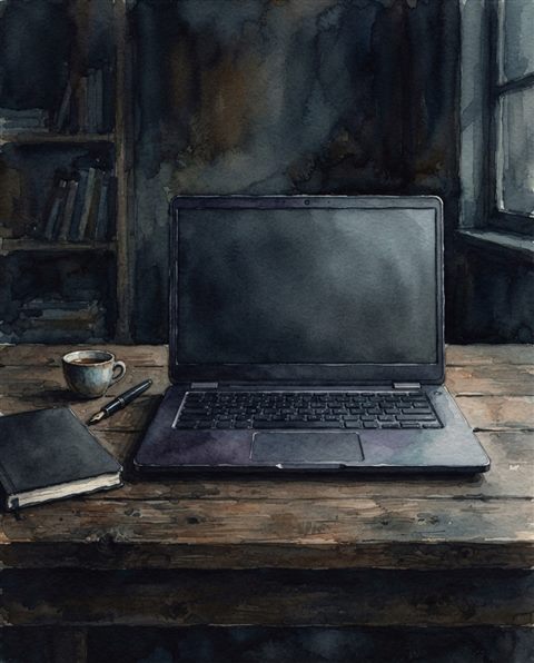 Watercolor illustration of laptop on a desk, centered subject with a simple uncluttered composition, moody dark tones, dramatic lighting, 4:5 aspect ratio