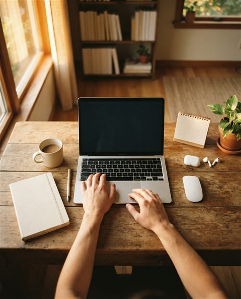 Cinematic film still of laptop on a desk, high-angle view from above, warm golden light, calm mood, 4:5 aspect ratio