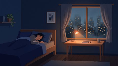 스탠드와 도시가 보이는 창이 있는 한밤의 방, 미니멀 플랫 일러스트, 단순하고 깔끔한 구도 가운데 놓인 피사체, 아침 안개, 몽환적인 분위기, 16:9 비율