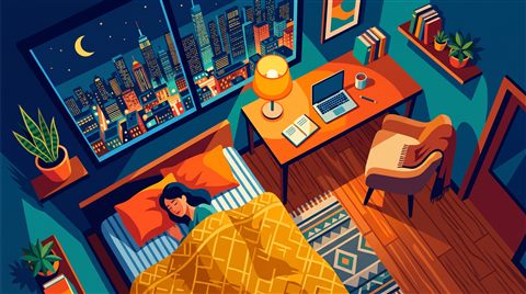 스탠드와 도시가 보이는 창이 있는 한밤의 방, 미니멀 플랫 일러스트, 위에서 내려다본 구도, 선명한 색감, 강한 대비, 생동감 있는 분위기, 16:9 비율