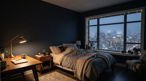 Photorealistic photo of cozy bedroom at midnight with a desk lamp and a city view window, wide shot with open space at the top for text, misty morning haze, dreamy, 16:9 aspect ratio