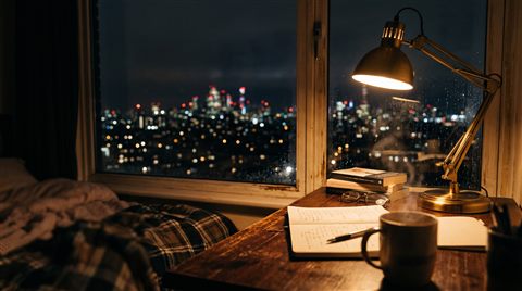 스탠드와 도시가 보이는 창이 있는 한밤의 방, 시네마틱 영화 장면, 가까이 담은 디테일, 얕은 심도, 따뜻한 황금빛, 차분한 분위기, 16:9 비율