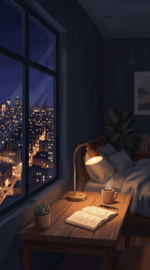 Minimal flat illustration of cozy bedroom at midnight with a desk lamp and a city view window, close-up detail with shallow depth of field, moody dark tones, dramatic lighting, 9:16 aspect ratio