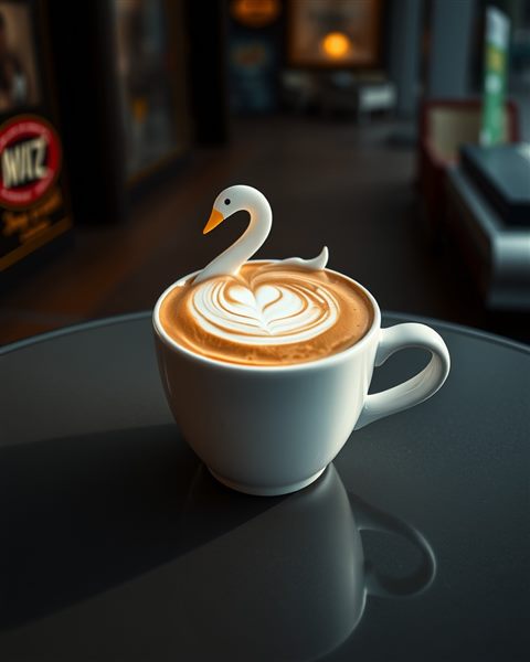 Cinematic film still of A ceramic cup of hot coffee with a delicate white swan latte art design on top, wide shot with open space at the top for text, vivid colors, high contrast, energetic, 4:5 aspect ratio