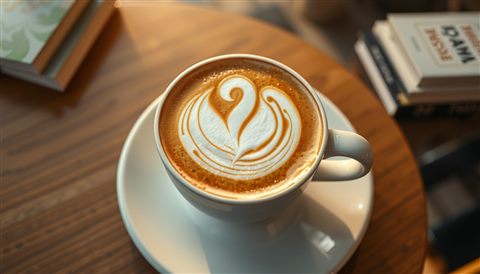 Photorealistic photo of A ceramic cup of hot coffee with a delicate white swan latte art design on top, high-angle view from above, warm golden light, calm mood, 16:9 aspect ratio
