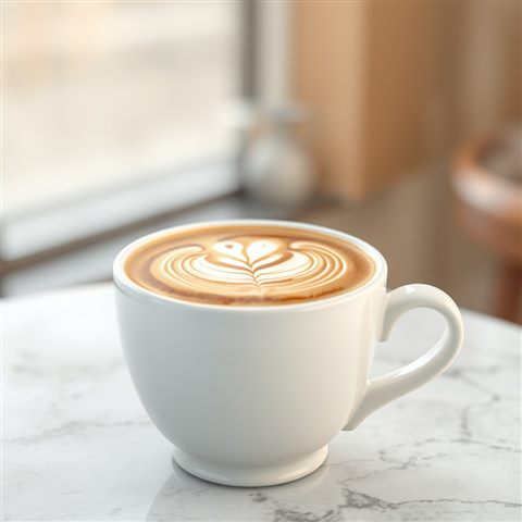 Soft 3D render of A ceramic cup of hot coffee with a delicate white swan latte art design on top, close-up detail with shallow depth of field, misty morning haze, dreamy, 1:1 aspect ratio