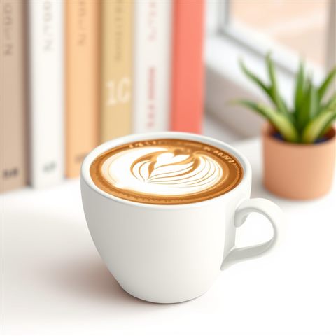 Minimal flat illustration of A ceramic cup of hot coffee with a delicate white swan latte art design on top, close-up detail with shallow depth of field, soft pastel colors, bright and cozy, 1:1 aspect ratio