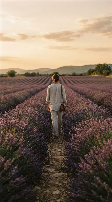 Cinematic film still of lavender field, centered subject with a simple uncluttered composition, warm golden light, calm mood, 9:16 aspect ratio