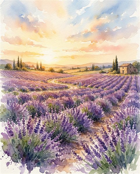 Watercolor illustration of lavender field, wide shot with open space at the top for text, warm golden light, calm mood, 4:5 aspect ratio