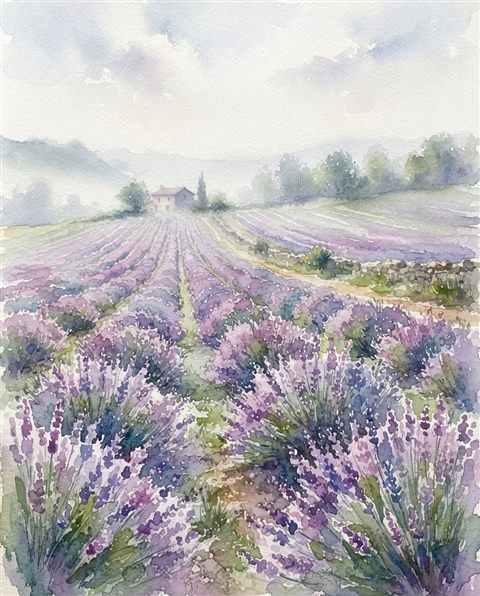 Watercolor illustration of lavender field, centered subject with a simple uncluttered composition, misty morning haze, dreamy, 4:5 aspect ratio