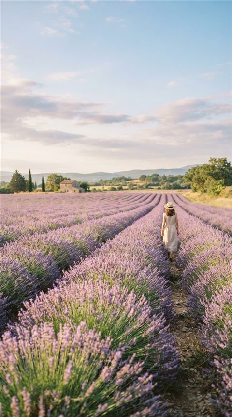 Cinematic film still of lavender field, wide shot with open space at the top for text, soft pastel colors, bright and cozy, 9:16 aspect ratio