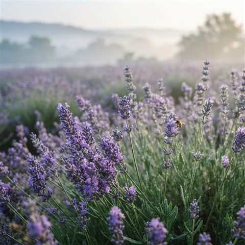 Photorealistic photo of lavender field, close-up detail with shallow depth of field, misty morning haze, dreamy, 1:1 aspect ratio