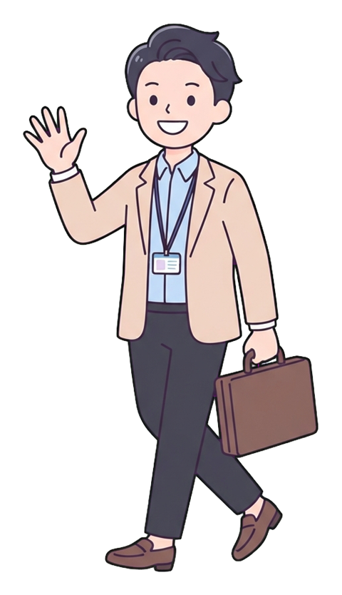 Simple cute flat cartoon illustration with soft pastel colors and thin clean dark outlines of a young man, happy office worker leaving work and waving goodbye, transparent background PNG