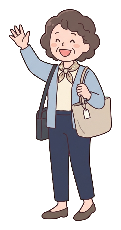 Simple cute flat cartoon illustration with soft pastel colors and thin clean dark outlines of a middle-aged woman, happy office worker leaving work and waving goodbye, transparent background PNG