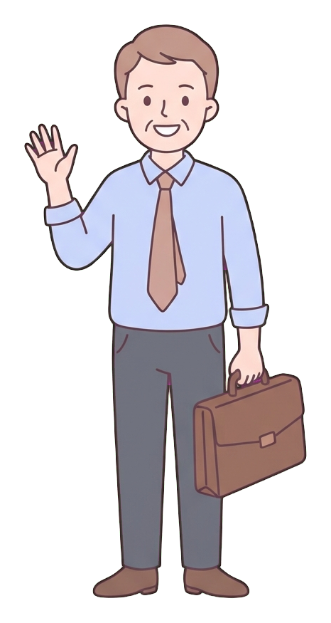 Simple cute flat cartoon illustration with soft pastel colors and thin clean dark outlines of a middle-aged man, happy office worker leaving work and waving goodbye, transparent background PNG