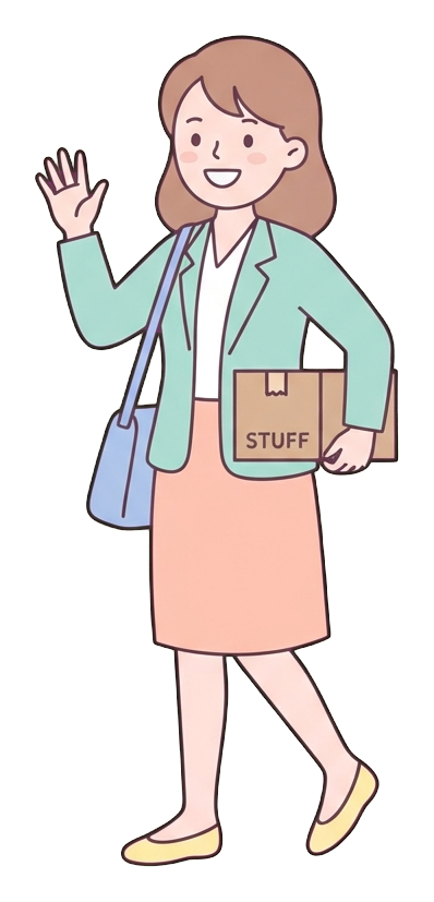 Simple cute flat cartoon illustration with soft pastel colors and thin clean dark outlines of a young woman, happy office worker leaving work and waving goodbye, transparent background PNG