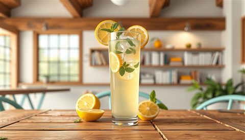 Minimal flat illustration of A tall glass of refreshing iced lemonade with mint leaves and lemon slices on a rustic wooden table, wide shot with open space at the top for text, soft pastel colors, bright and cozy, 16:9 aspect ratio