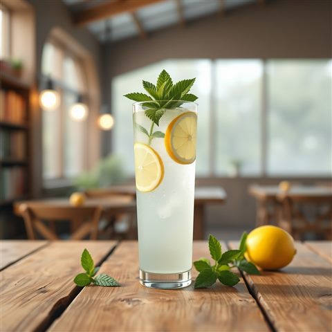 Soft 3D render of A tall glass of refreshing iced lemonade with mint leaves and lemon slices on a rustic wooden table, centered subject with a simple uncluttered composition, misty morning haze, dreamy, 1:1 aspect ratio