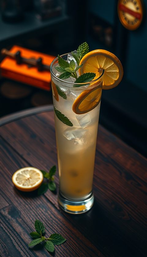 Photorealistic photo of A tall glass of refreshing iced lemonade with mint leaves and lemon slices on a rustic wooden table, high-angle view from above, moody dark tones, dramatic lighting, 9:16 aspect ratio