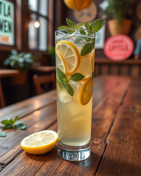 Cinematic film still of A tall glass of refreshing iced lemonade with mint leaves and lemon slices on a rustic wooden table, close-up detail with shallow depth of field, vivid colors, high contrast, energetic, 4:5 aspect ratio