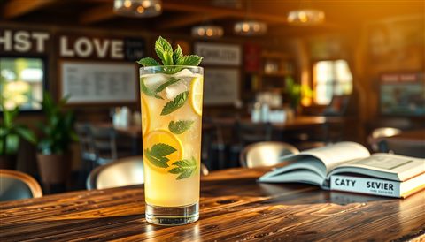 Photorealistic photo of A tall glass of refreshing iced lemonade with mint leaves and lemon slices on a rustic wooden table, wide shot with open space at the top for text, warm golden light, calm mood, 16:9 aspect ratio