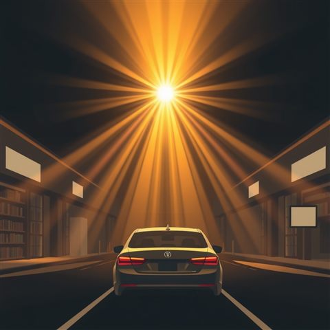 Minimal flat illustration of An artistic abstract optical effect with warm golden light rays bleeding across a dark cinematic background., wide shot with open space at the top for text, soft pastel colors, bright and cozy, 1:1 aspect ratio