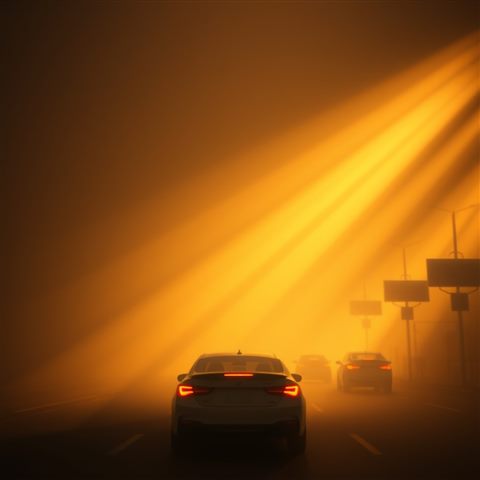 Soft 3D render of An artistic abstract optical effect with warm golden light rays bleeding across a dark cinematic background., wide shot with open space at the top for text, misty morning haze, dreamy, 1:1 aspect ratio