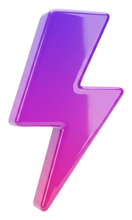 Glossy 3D render, purple and pink gradient of a lightning bolt icon, transparent background PNG