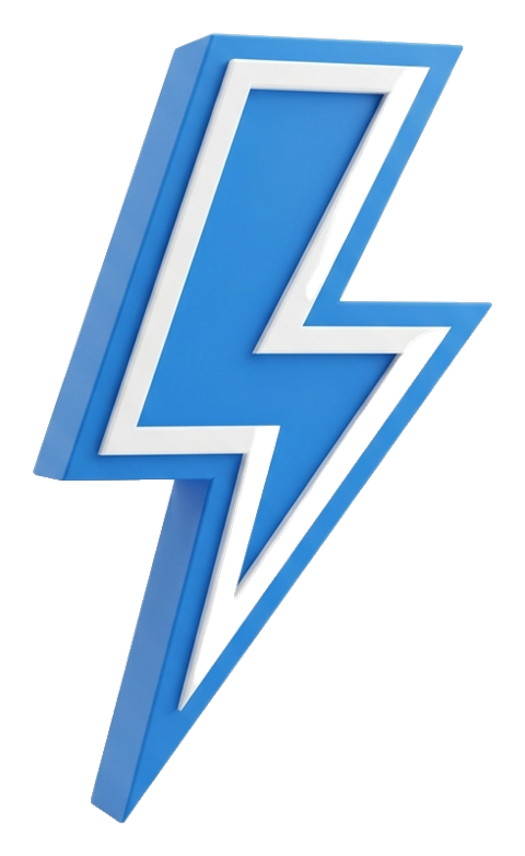 Matte 3D render, blue and white color scheme of a lightning bolt icon, transparent background PNG
