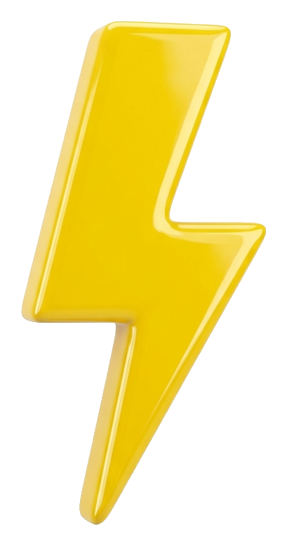 Glossy yellow 3D render of a lightning bolt icon, transparent background PNG