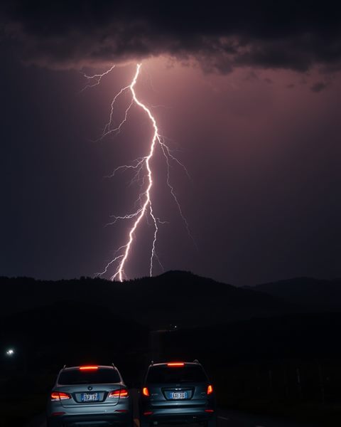 Cinematic film still of A jagged bolt of lightning flashing across a dark night sky over a silhouette of hills, wide shot with open space at the top for text, vivid colors, high contrast, energetic, 4:5 aspect ratio