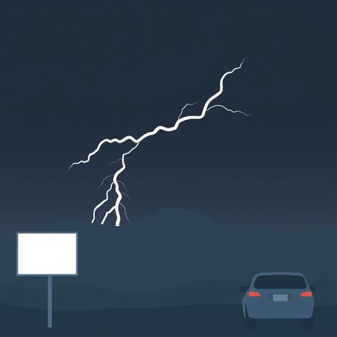 Minimal flat illustration of A jagged bolt of lightning flashing across a dark night sky over a silhouette of hills, close-up detail with shallow depth of field, soft pastel colors, bright and cozy, 1:1 aspect ratio