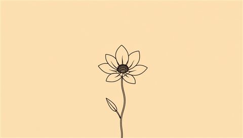 Photorealistic photo of A minimalist continuous single line drawing of a blooming flower on a beige background, wide shot with open space at the top for text, warm golden light, calm mood, 16:9 aspect ratio