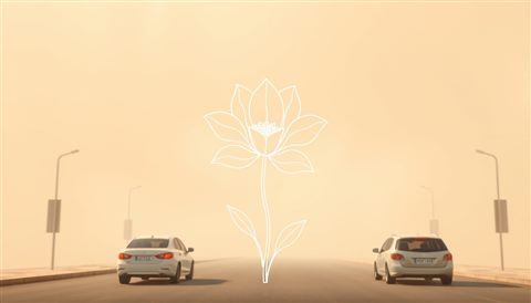 Soft 3D render of A minimalist continuous single line drawing of a blooming flower on a beige background, wide shot with open space at the top for text, misty morning haze, dreamy, 16:9 aspect ratio