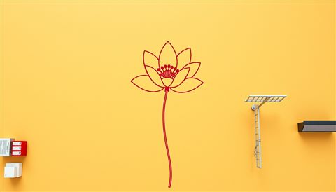 Cinematic film still of A minimalist continuous single line drawing of a blooming flower on a beige background, high-angle view from above, vivid colors, high contrast, energetic, 16:9 aspect ratio