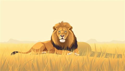 Minimal flat illustration of A majestic male lion resting calmly in the golden grasslands of the savannah., wide shot with open space at the top for text, soft pastel colors, bright and cozy, 16:9 aspect ratio