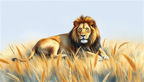 Watercolor illustration of A majestic male lion resting calmly in the golden grasslands of the savannah., high-angle view from above, cool blue tones, quiet atmosphere, 16:9 aspect ratio