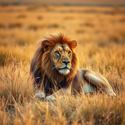 Photorealistic photo of A majestic male lion resting calmly in the golden grasslands of the savannah., centered subject with a simple uncluttered composition, warm golden light, calm mood, 1:1 aspect ratio
