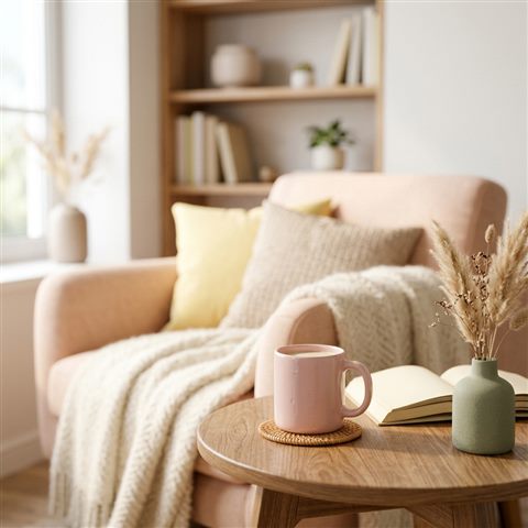 Soft 3d render of a cozy modern living room, close-up detail with shallow depth of field, soft pastel colors, bright and cozy, 1:1 aspect ratio
