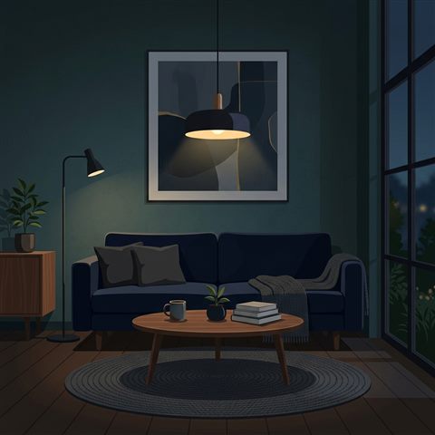 Minimal flat illustration of a cozy modern living room, centered subject with a simple uncluttered composition, moody dark tones, dramatic lighting, 1:1 aspect ratio