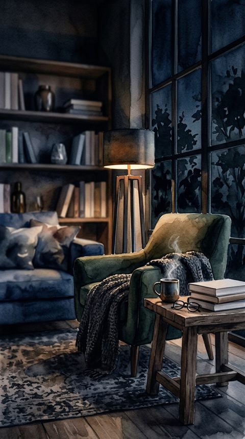 Watercolor illustration of a cozy modern living room, close-up detail with shallow depth of field, moody dark tones, dramatic lighting, 9:16 aspect ratio