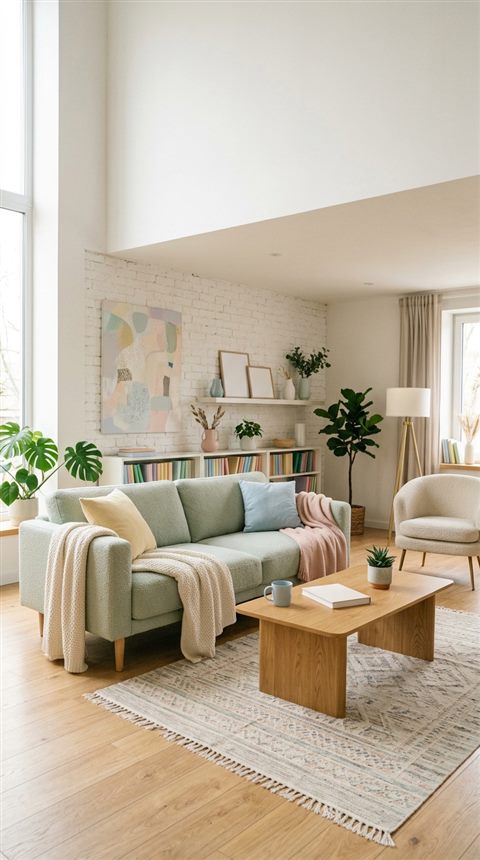 Cinematic film still of a cozy modern living room, wide shot with open space at the top for text, soft pastel colors, bright and cozy, 9:16 aspect ratio