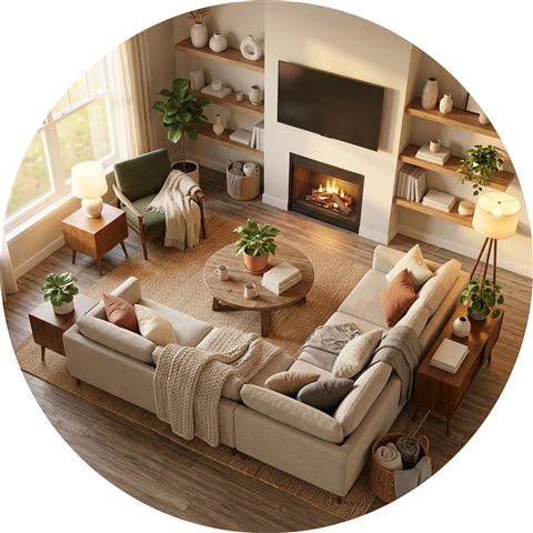 Soft 3d render of a cozy modern living room, high-angle view from above, warm golden light, calm mood, 1:1 aspect ratio