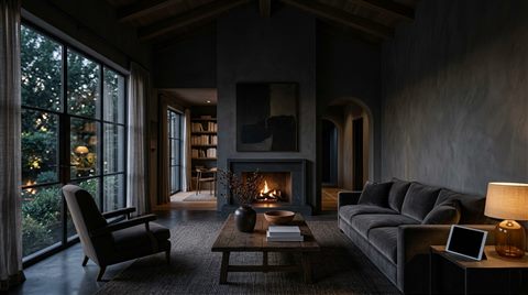 Photorealistic photo of a cozy modern living room, wide shot with open space at the top for text, moody dark tones, dramatic lighting, 16:9 aspect ratio
