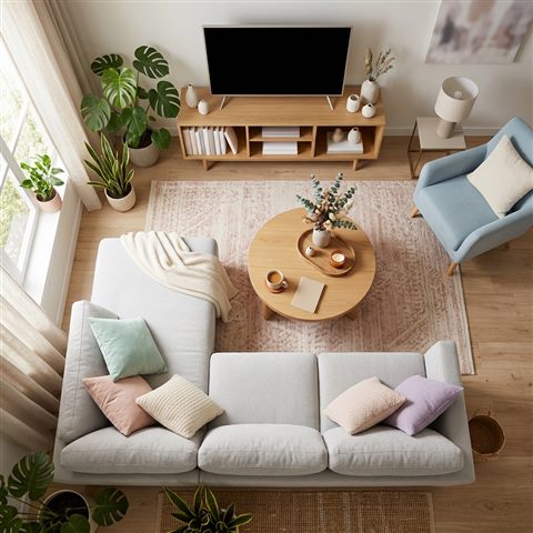 Photorealistic photo of a cozy modern living room, high-angle view from above, soft pastel colors, bright and cozy, 1:1 aspect ratio