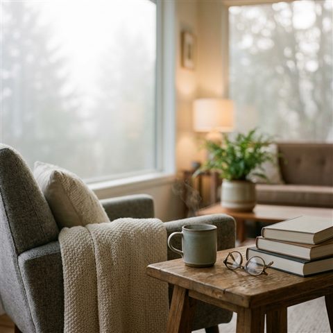 Photorealistic photo of a cozy modern living room, close-up detail with shallow depth of field, misty morning haze, dreamy, 1:1 aspect ratio
