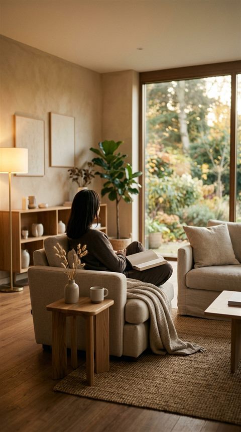 Cinematic film still of a cozy modern living room, centered subject with a simple uncluttered composition, warm golden light, calm mood, 9:16 aspect ratio